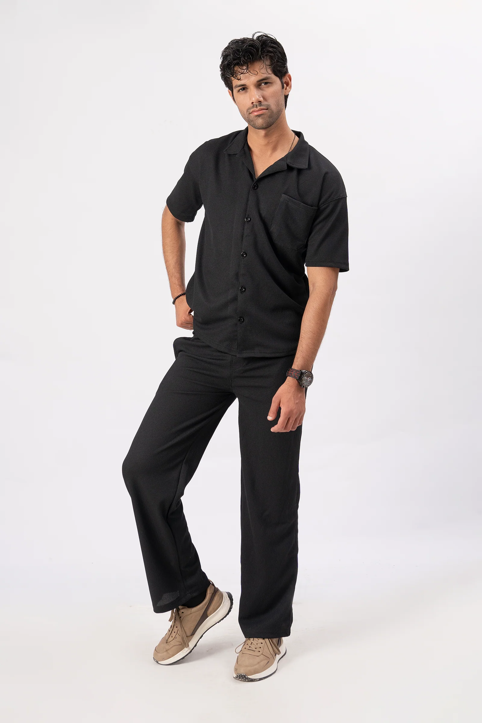 Waffle Black Half-Sleeve Safari Suit for Men – Stylish Summer Safari Suit in Pakistan B1 - Image 3