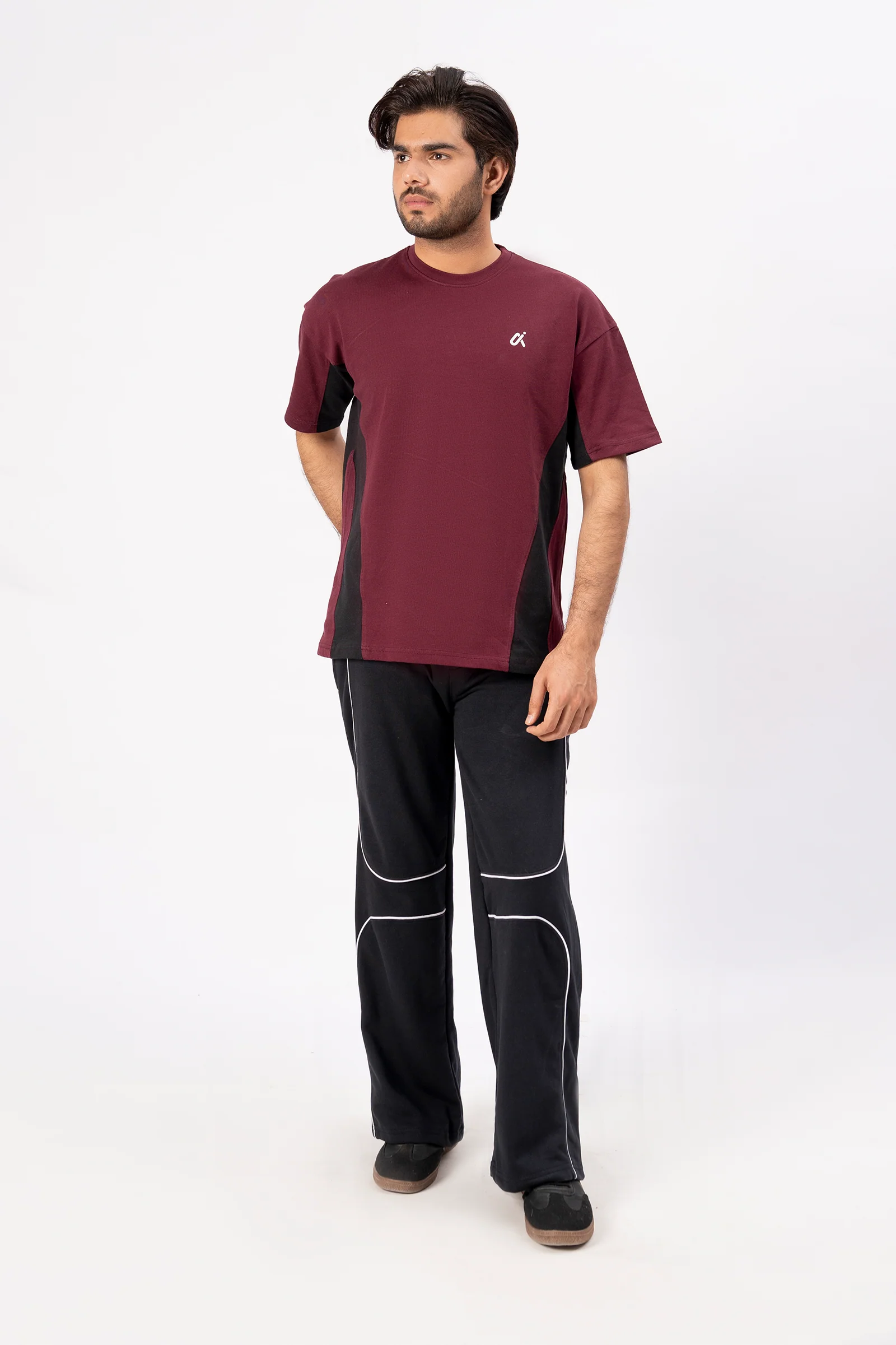 Contrast Panel Performance T-Shirt – Maroon & Black - Image 4