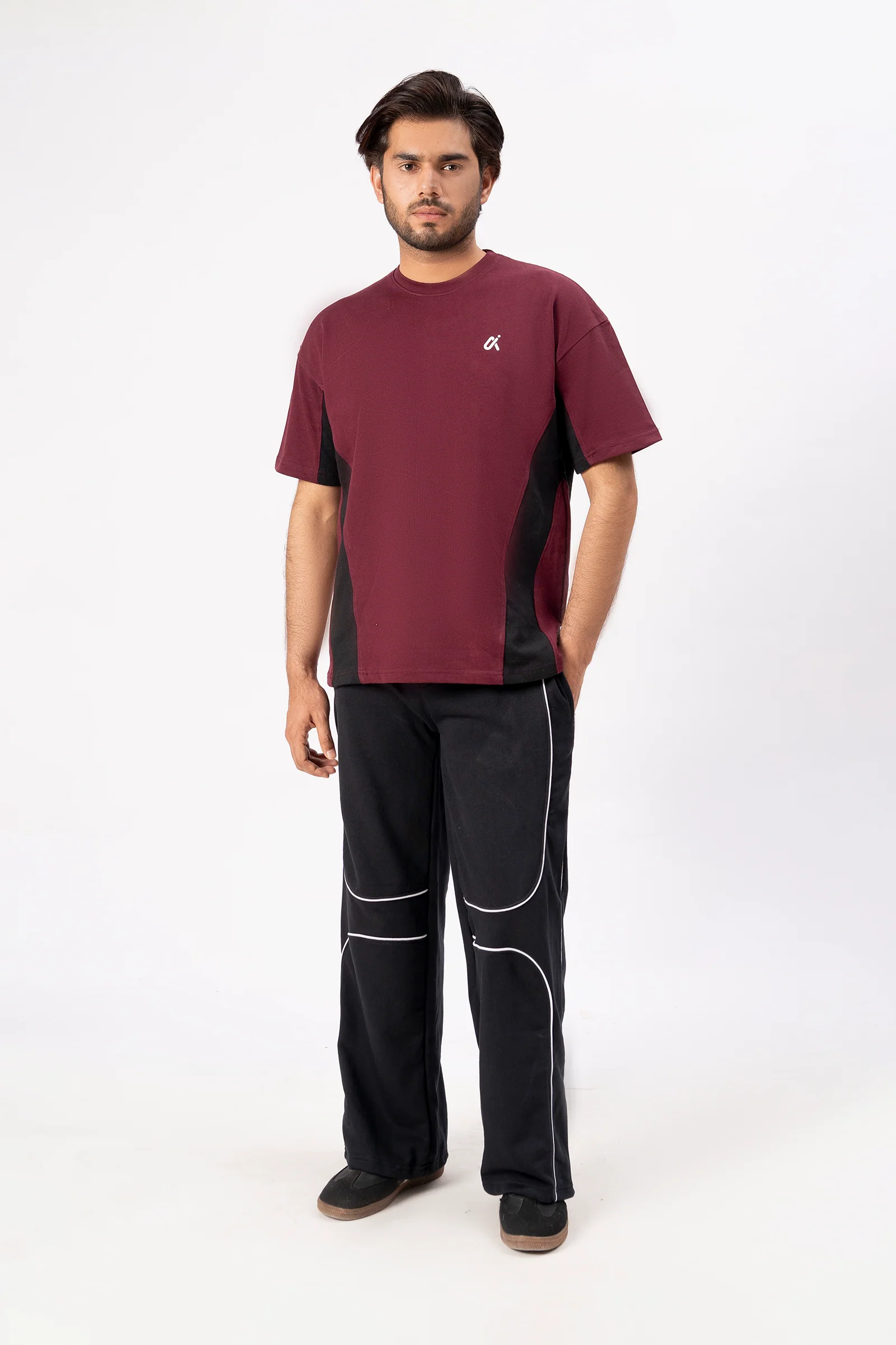 Contrast Panel Performance T-Shirt – Maroon & Black - Image 5