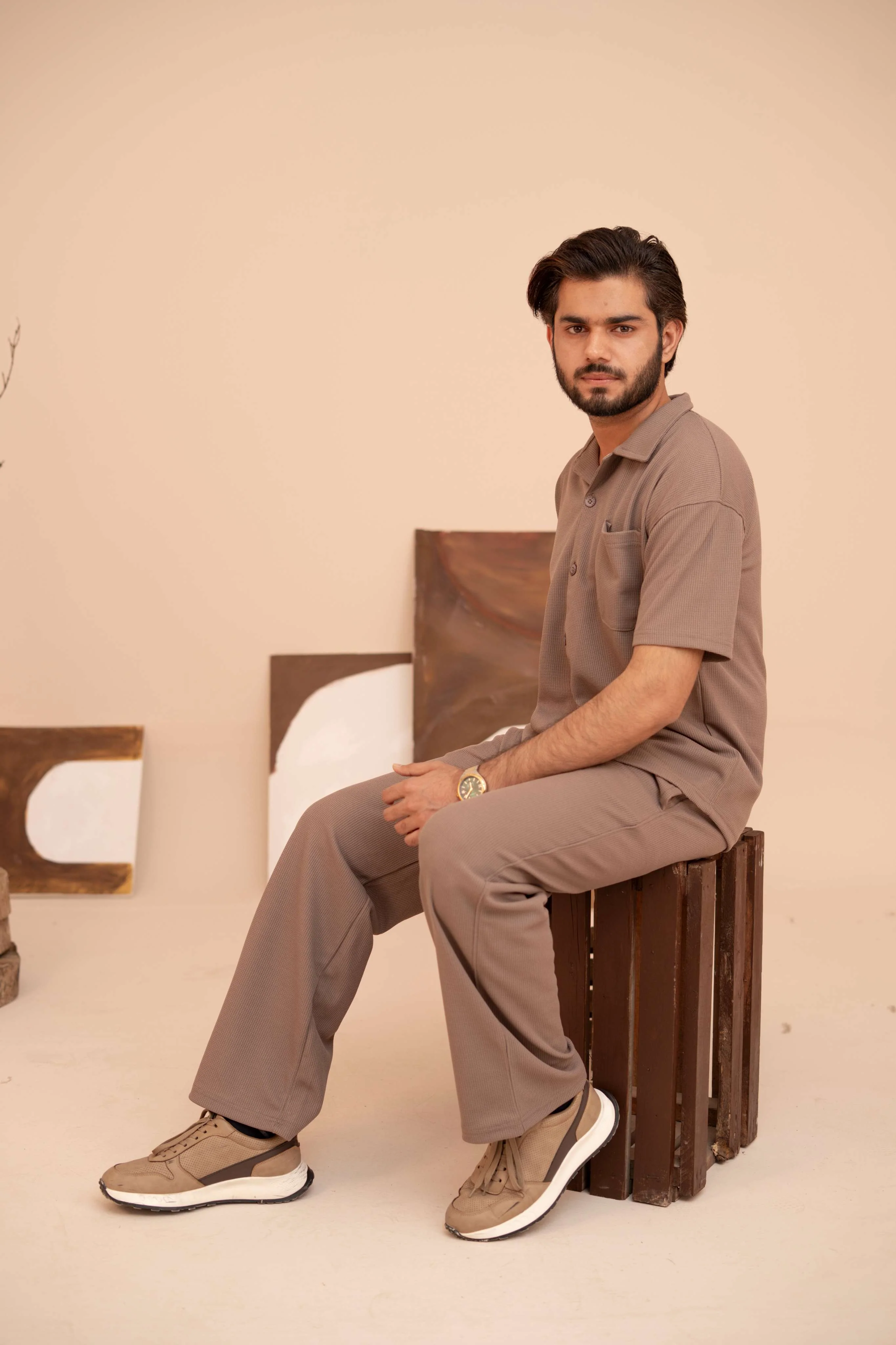 Waffle Chocolate Half-Sleeve Safari Suit for Men B8 - Image 2