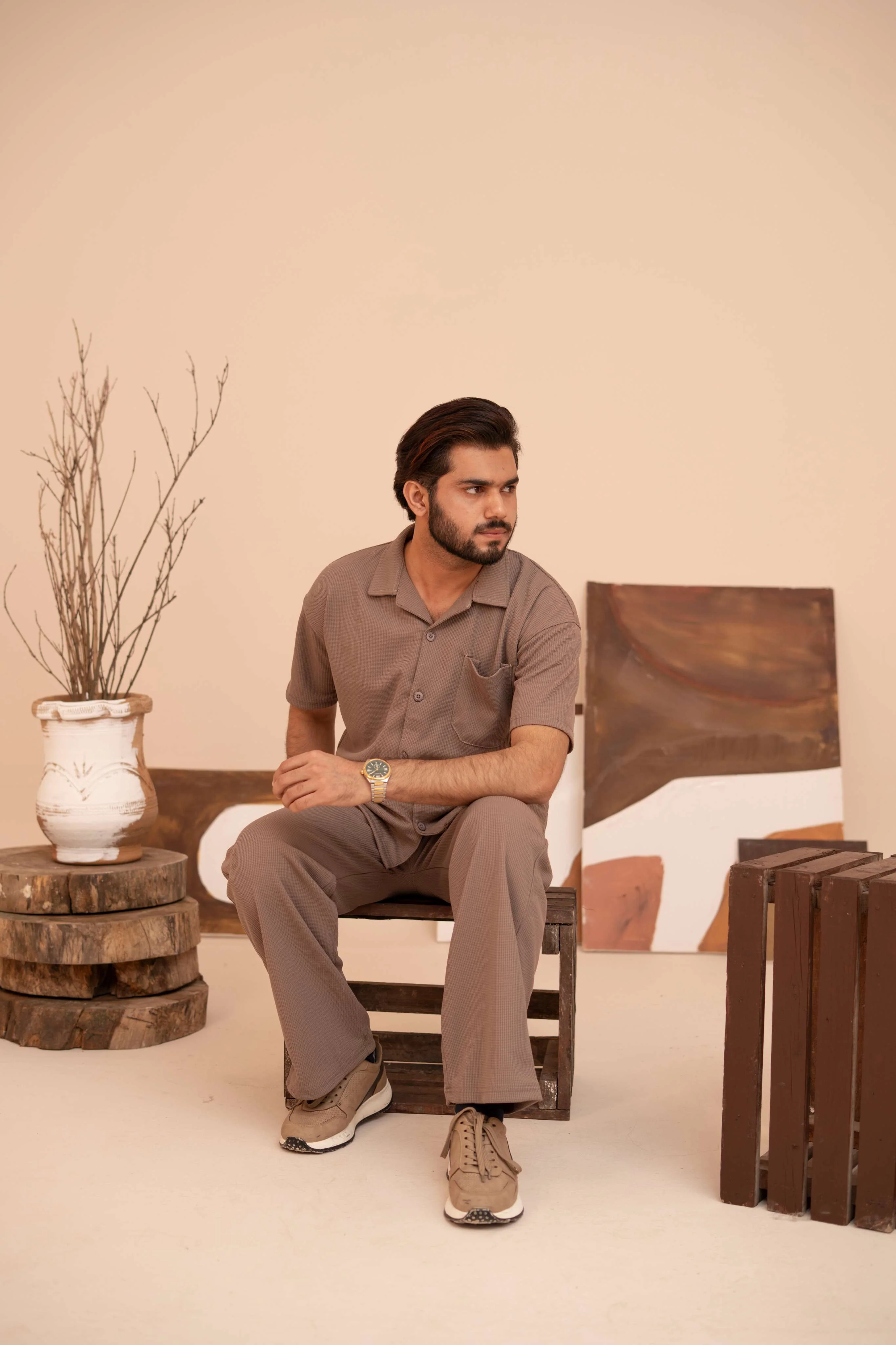 Waffle Chocolate Half-Sleeve Safari Suit for Men B8 - Image 3