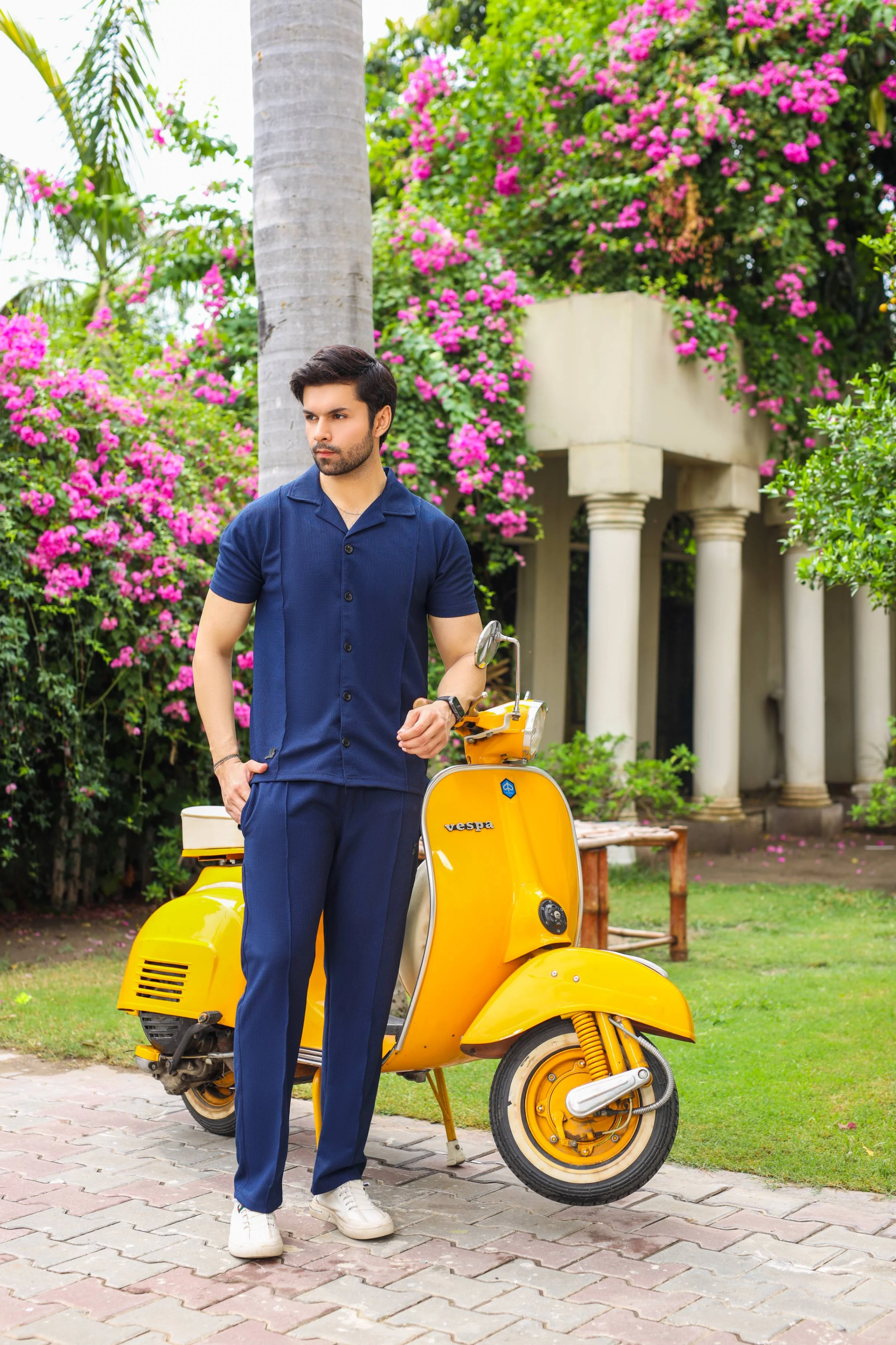 Waffle Navy Blue Half-Sleeve Safari Suit for Men B3 - Image 2
