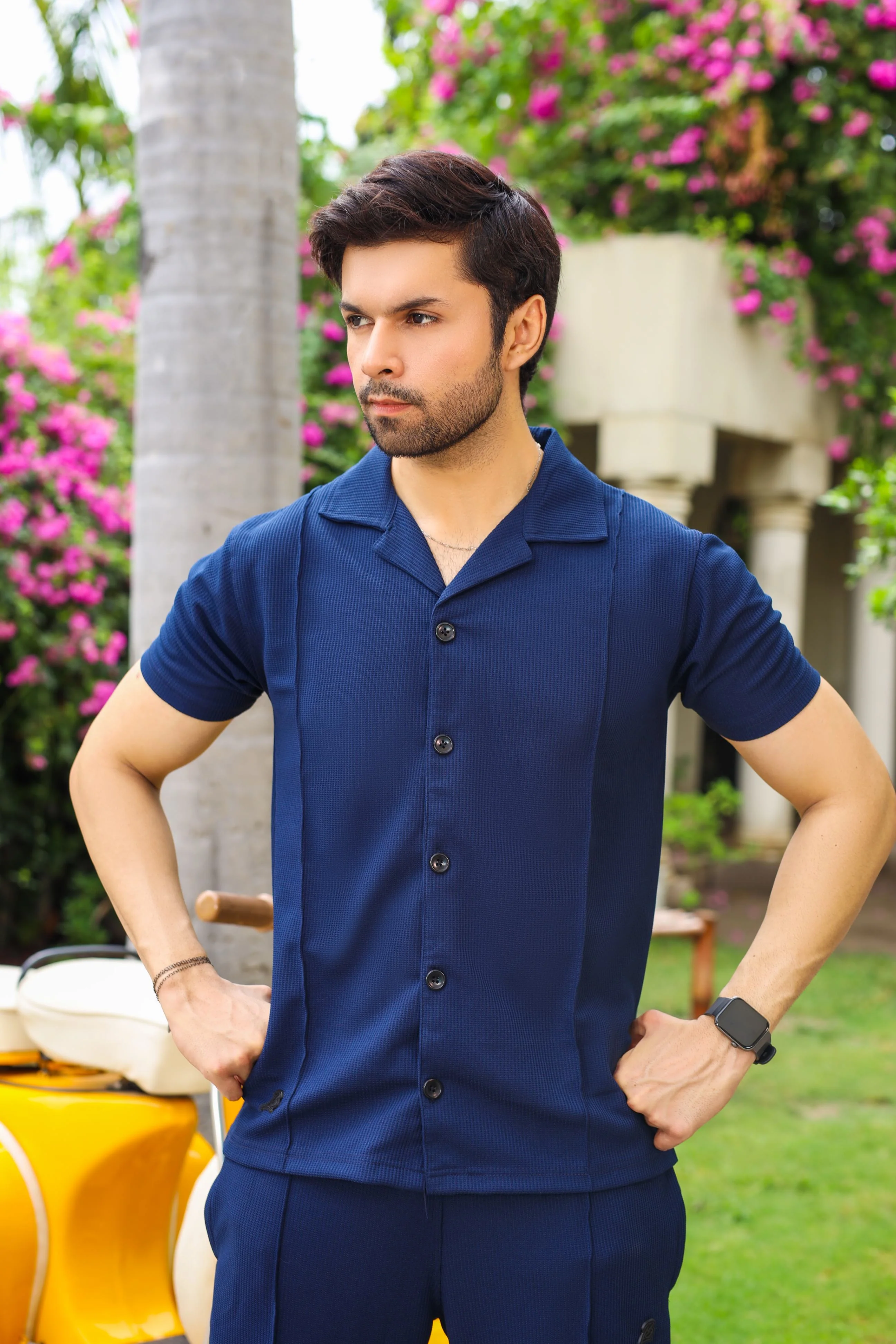 Waffle Navy Blue Half-Sleeve Safari Suit for Men B3 - Image 4