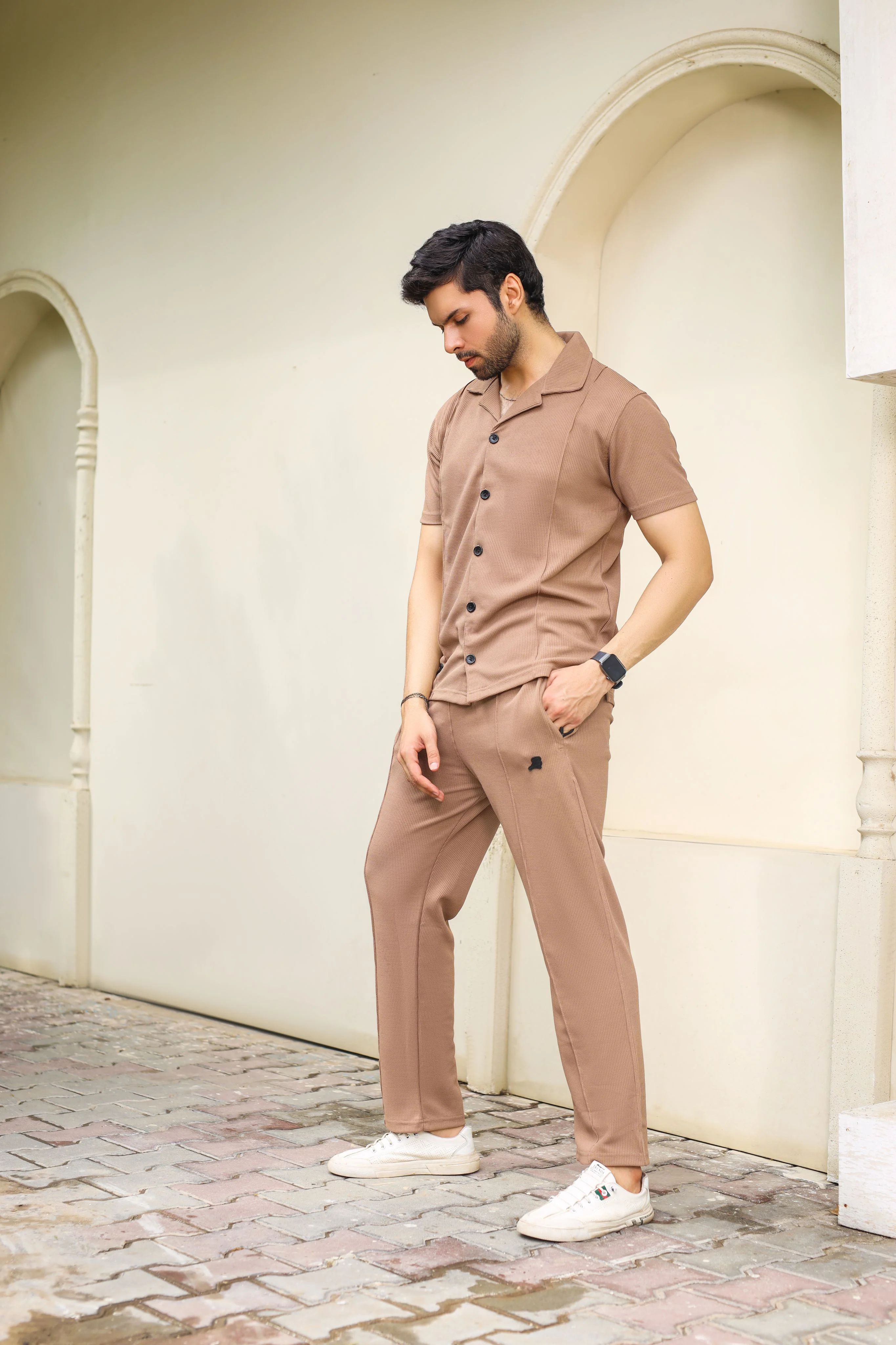 Waffle Coffee Brown Half-Sleeve Safari Suit for Men B5 - Image 11