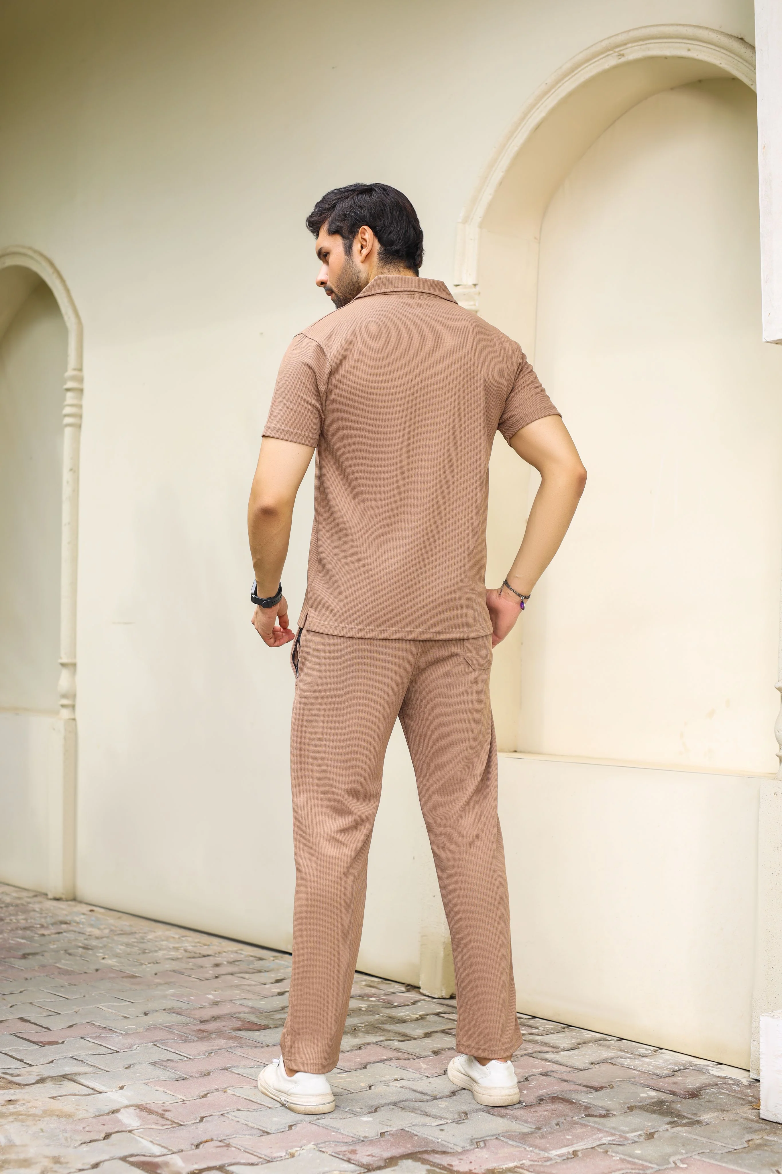 Waffle Coffee Brown Half-Sleeve Safari Suit for Men B5 - Image 12
