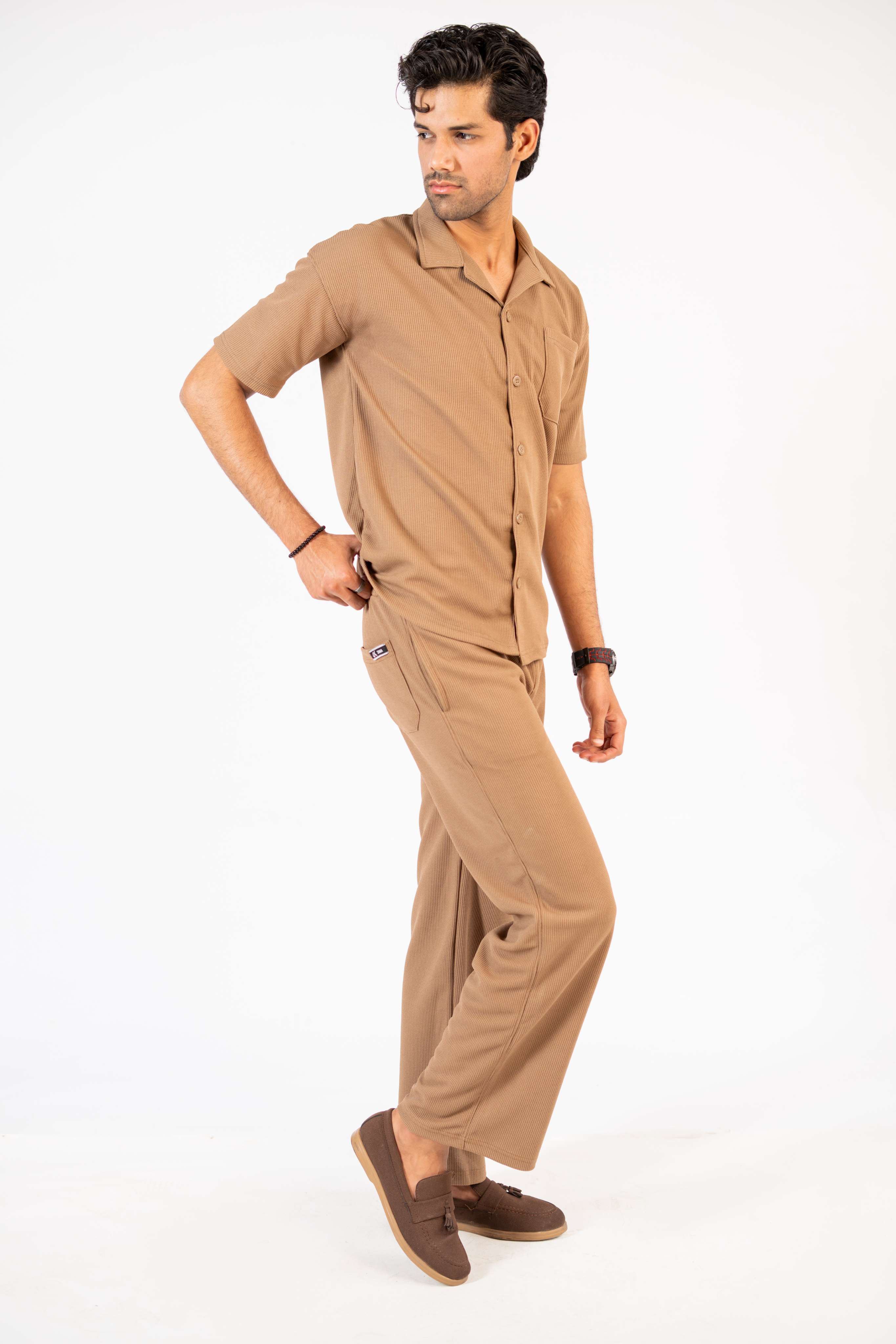 Waffle Coffee Brown Half-Sleeve Safari Suit for Men B5 - Image 2