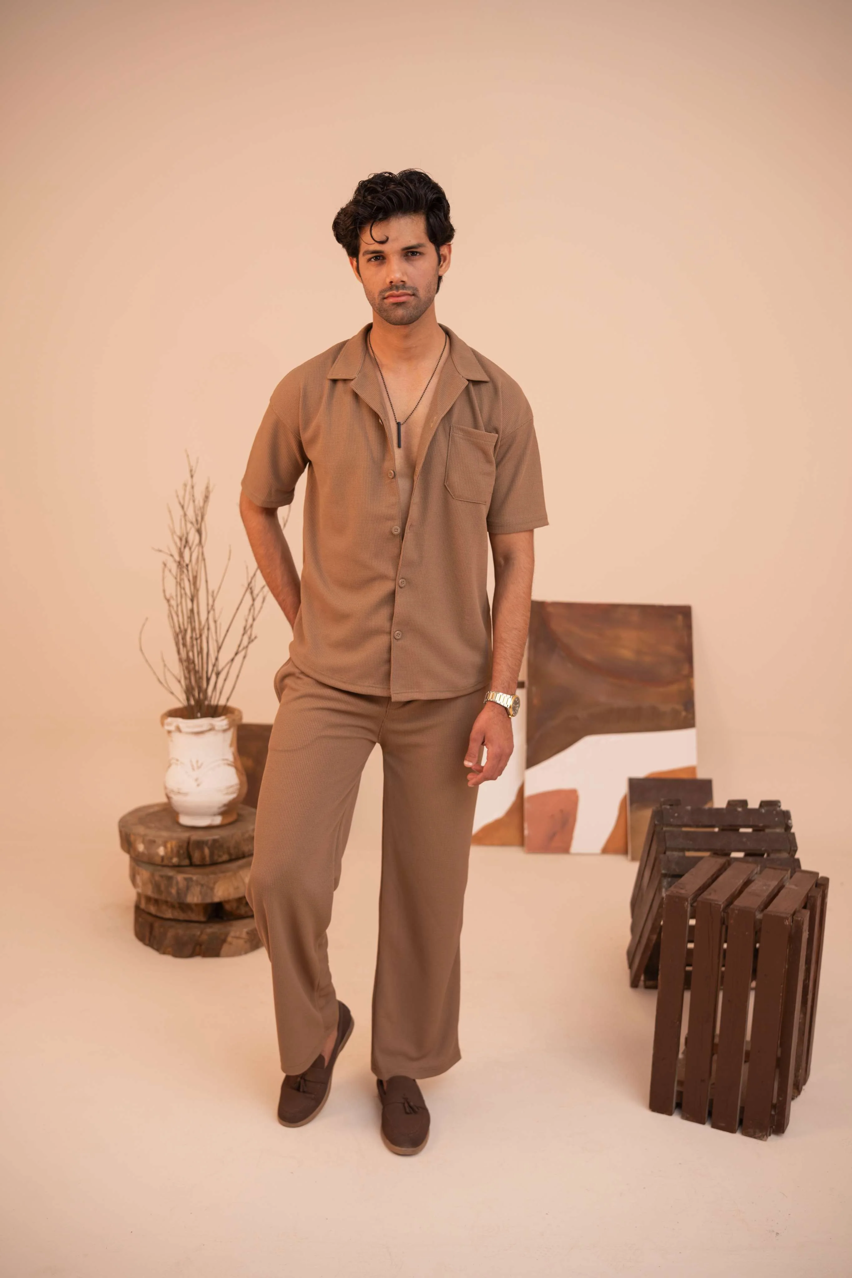 Waffle Coffee Brown Half-Sleeve Safari Suit for Men B5 - Image 4